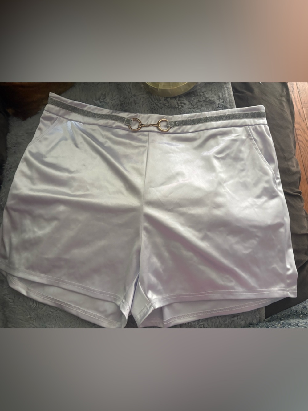 Women’s White Satin Shorts with Metallic Trim